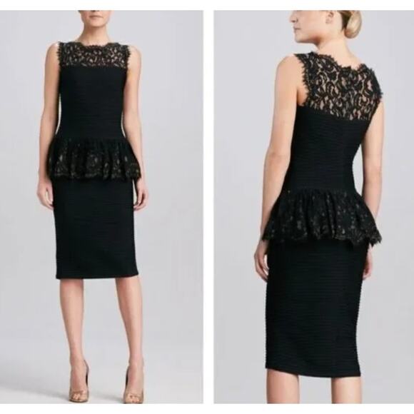 Tadashi Shoji Black Lace Pintuck Peplum Cocktail Dress Medium Party Holiday - Picture 1 of 10